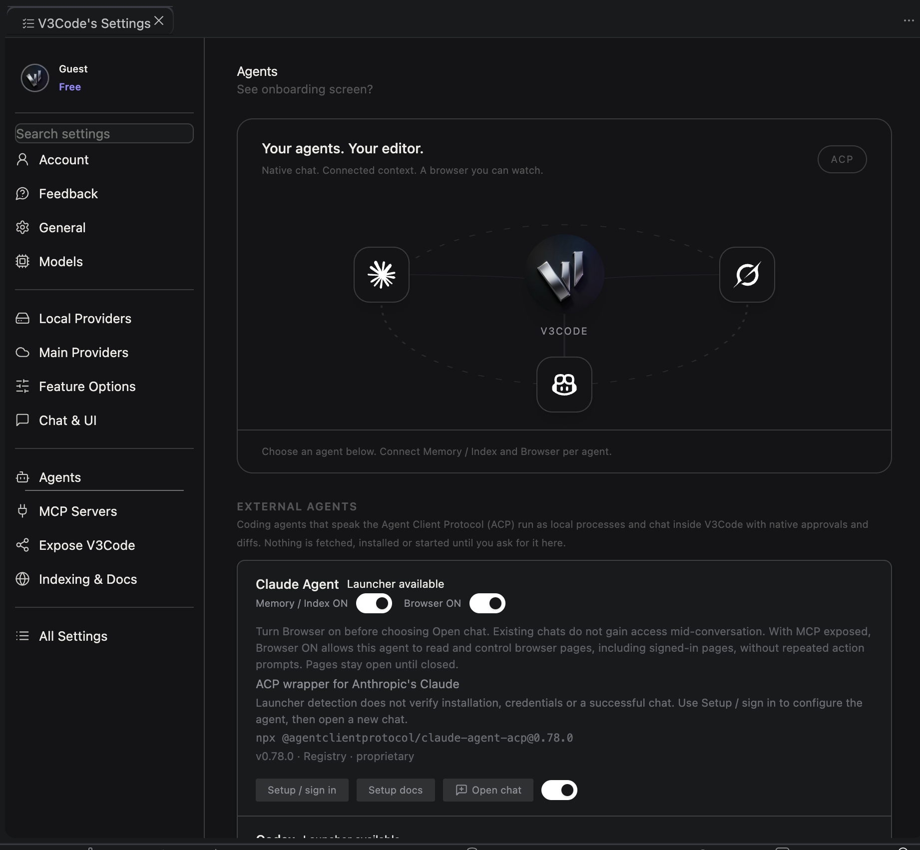 V3Code Agents settings with per-agent Memory / Index and Browser controls