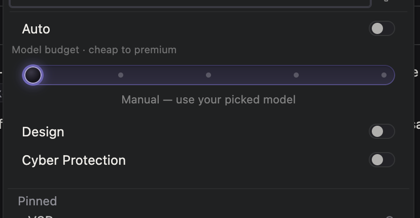 Model picker options with the Cyber Protection toggle below Design