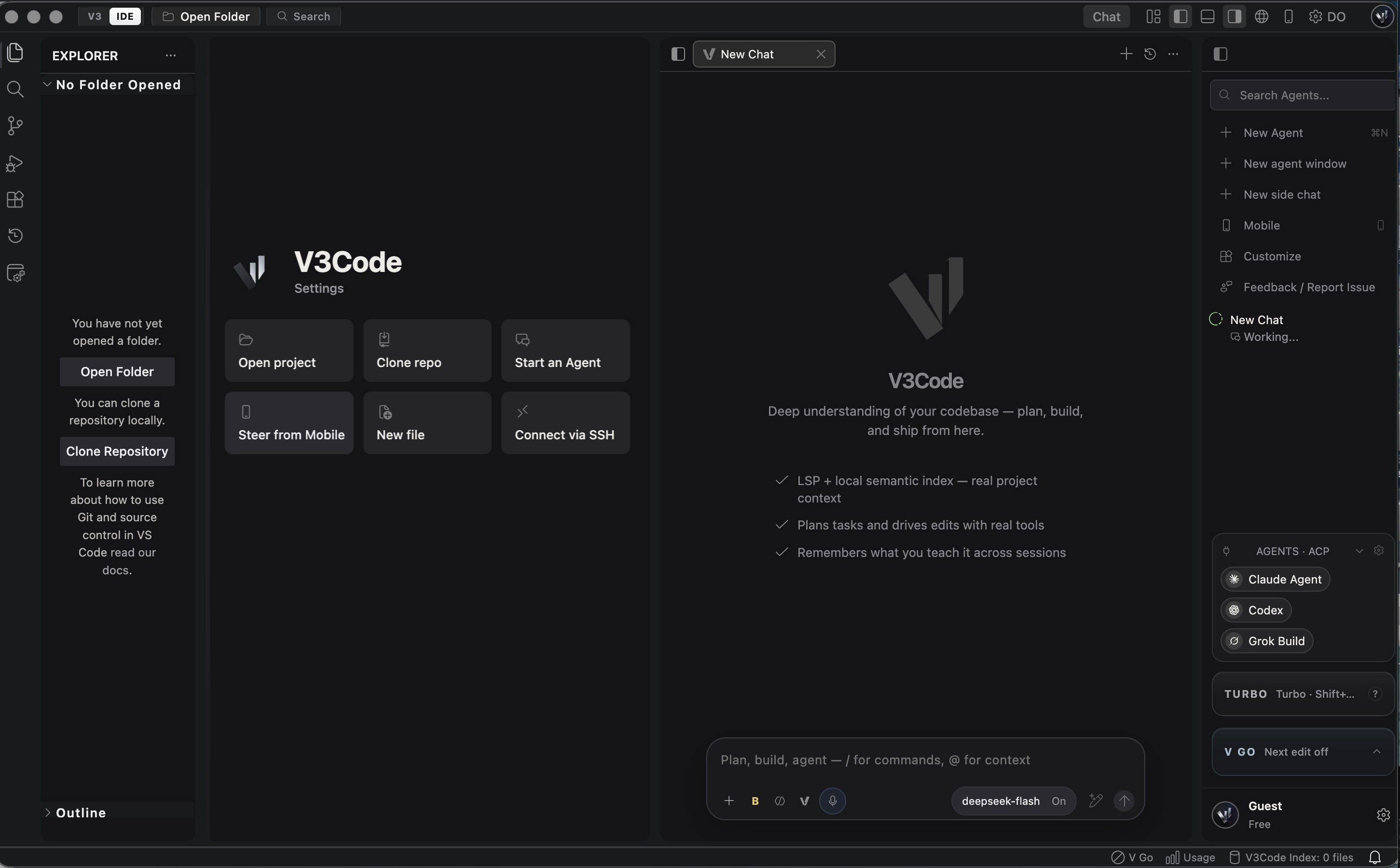 V3Code with an empty Explorer, welcome actions, new chat, and agent sidebar
