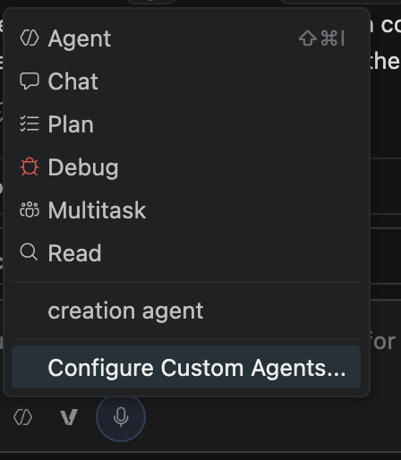 The composer mode menu with Debug as a built-in option